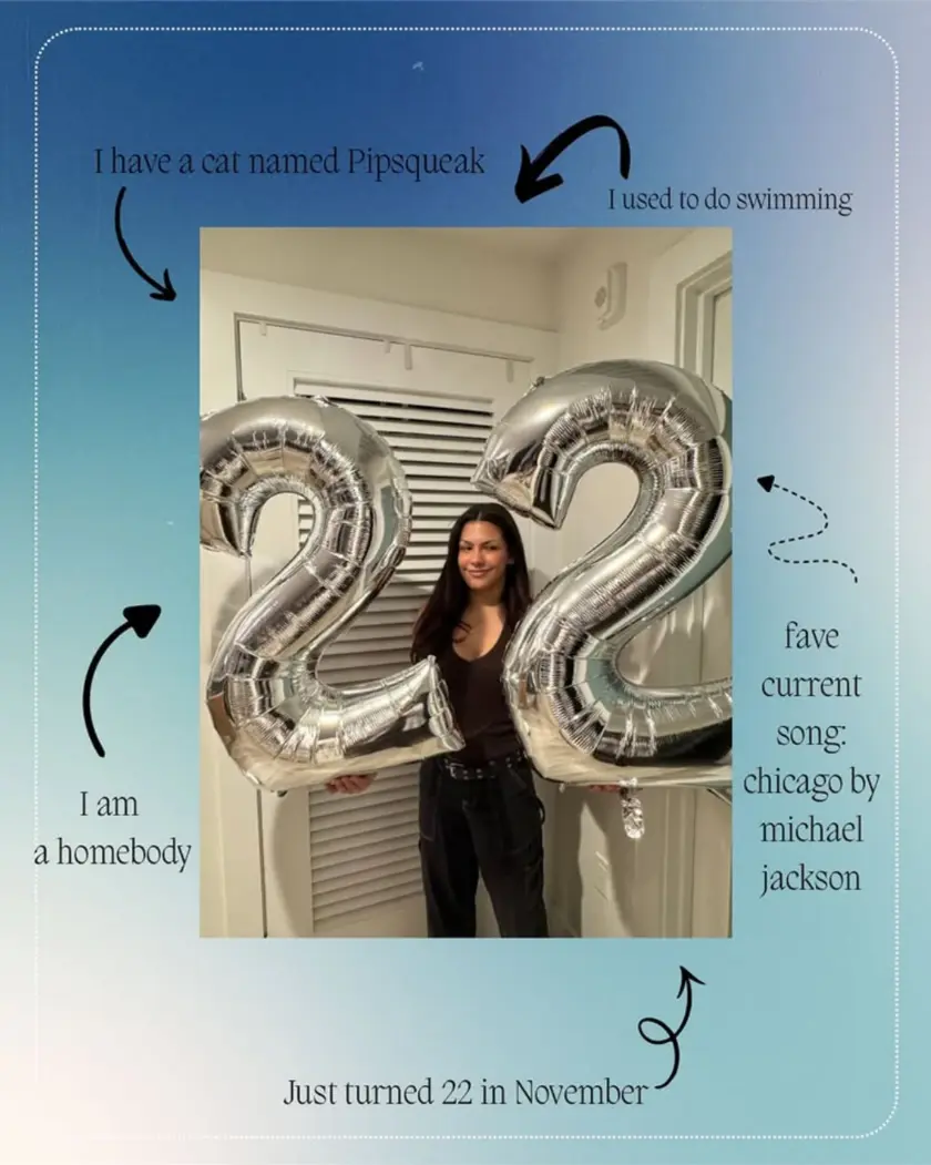 Olyvia, your licensed esthetician, holding silver number 22 balloons, surrounded by handwritten notes sharing fun facts about her